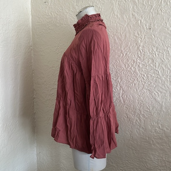 Zara Rose Pink Smocked High Neck Tiered Bell Sleeve Top Blouse Small - Picture 5 of 8